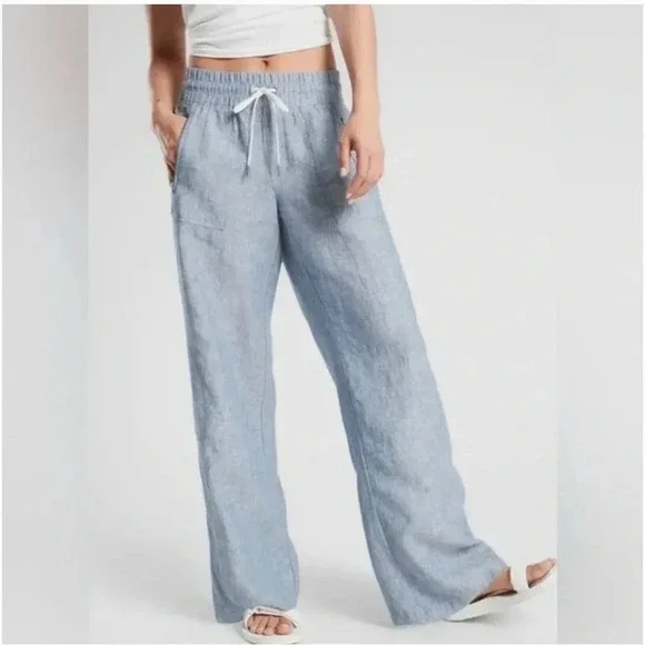 Athleta Women's Cabo 100% Linen Wide Leg Pant Size 14 Blue - Picture 1 of 5